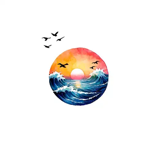 A Circle With Waves On The Left With 5 Birds Flying In The Middle The Sun Rising At The Bottom