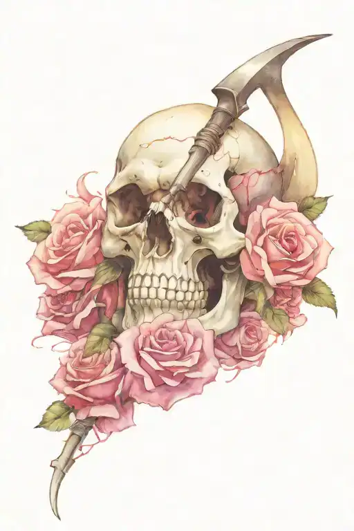 Skull With Rose Coming Out Of It With A Scythe Next To It