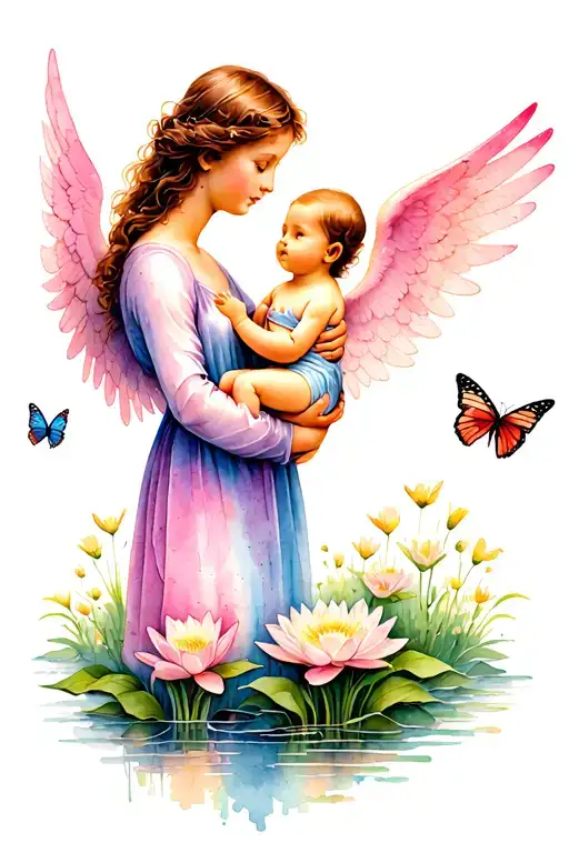 Angel Holding A Baby In A Field Of Waterlily And Butterflies To Represent Miscarriage