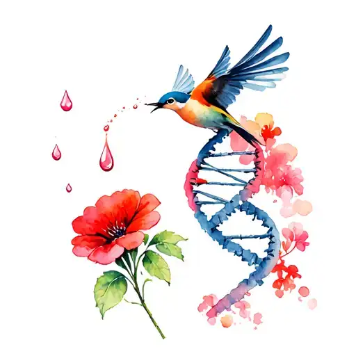 Dna Double Helix With Red Flower And Huming Bird Drinking From The Flower And Three Drops Of Nectar