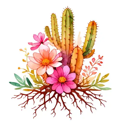 Cactus With Flowers And Roots