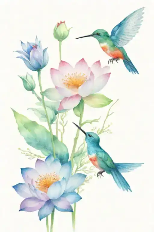 Lotus Flowers And Hummingbirds