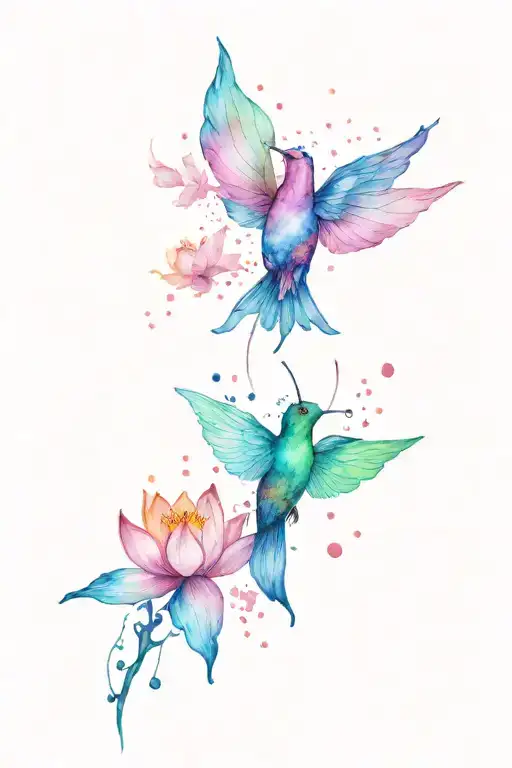 Lotus Flowers And Hummingbirds In Galaxy Colors