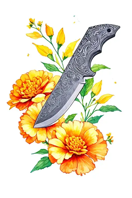 Damascus Knife With Mexican Marigolds
