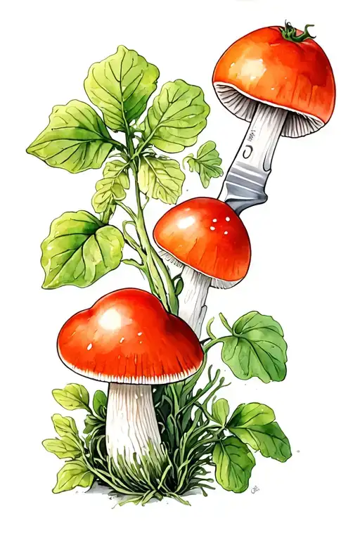 Chef Knife Tomato Plant Intertwined Mushrooms