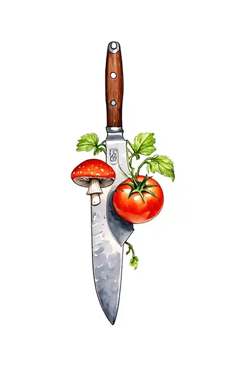 Chef Knife Tomato Plant Intertwined Mushrooms In The Background