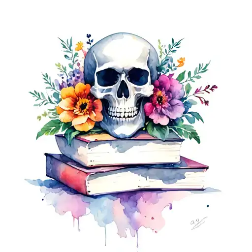 Skull Sitting On Top Of 3 Books With Flowers Surrounding It