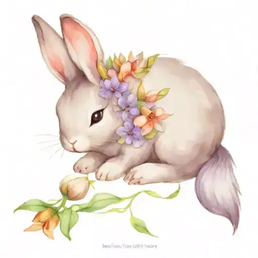 A Sleeping Gray Baby Bunny Under A Purple Honeysuckle Flower
