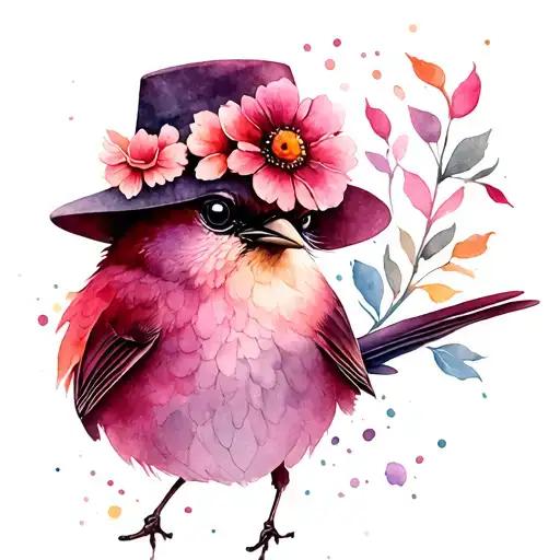 Maroon Bird Wearing A Hat With Flowers