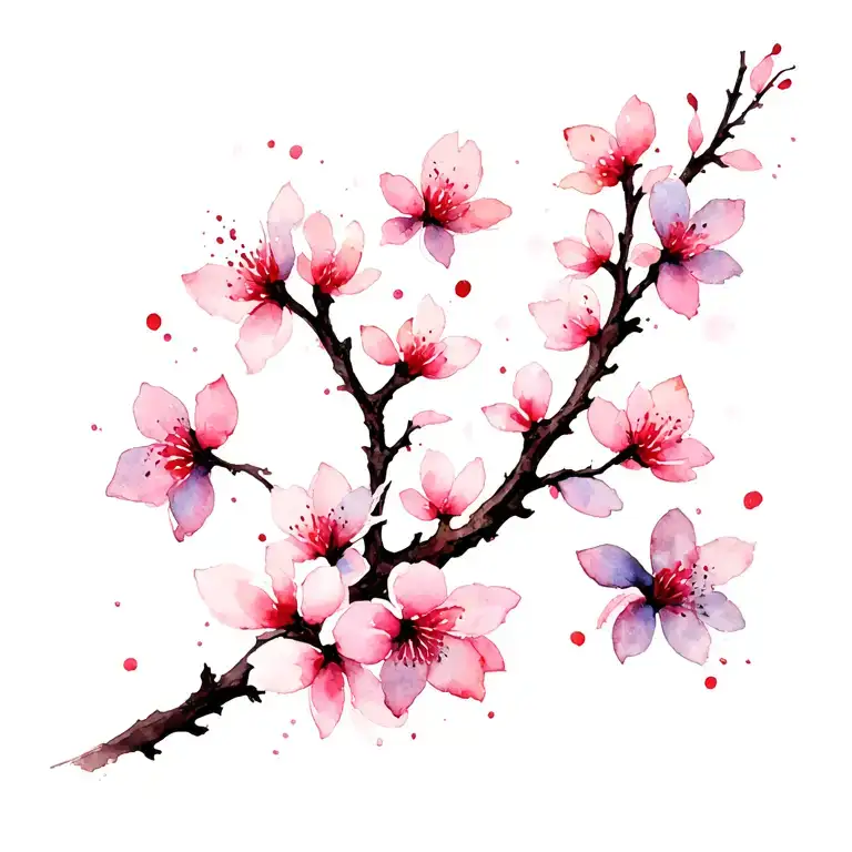 Thin And Delicate Branch With Cherry Blossoms Falling
