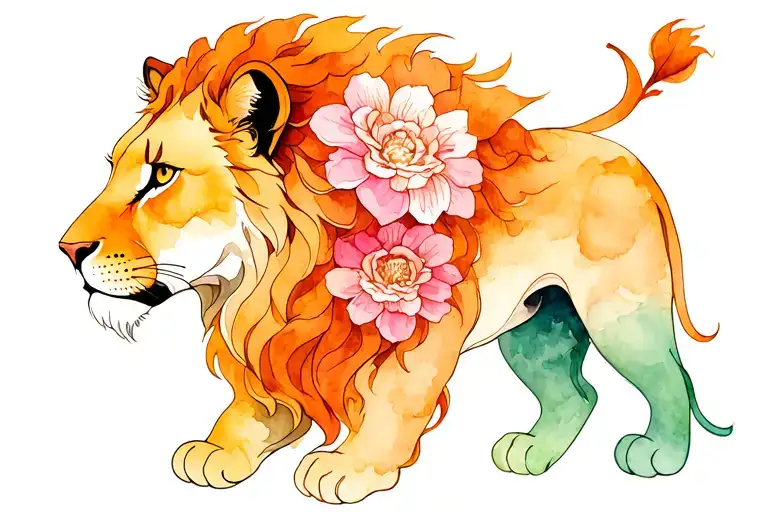 Floral Female Lion Tattoo Design