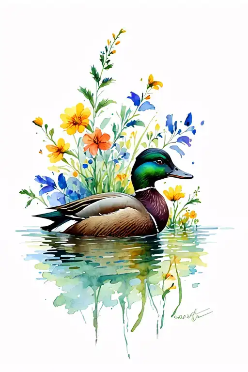 Mallard Duck And Wild Flowers