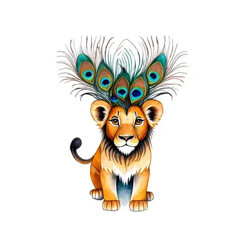 A Lion Cub Whose Mane Is Made Of Peacock Feathers