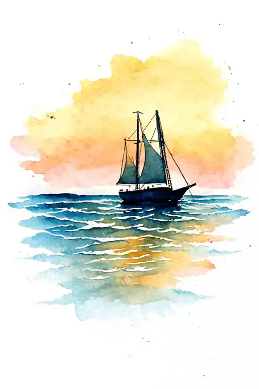 Water Color Sail Boat On The Ocean
