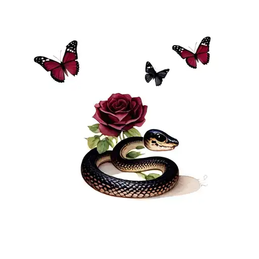 A Black And Brown Snake With With Dark Wine Red Roses And 3 Butterflys Standing On The Snake
