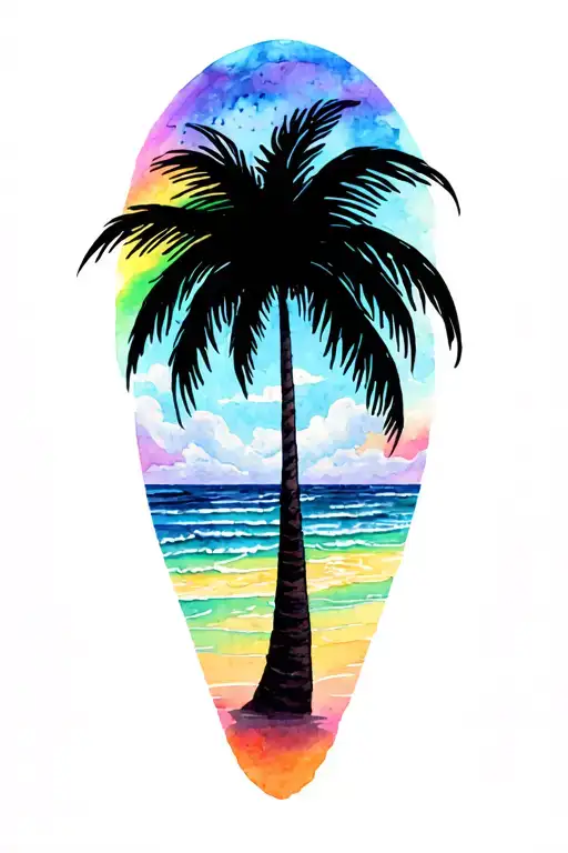 Tattoo With A Palm Tree On The Beach And A Rainbow