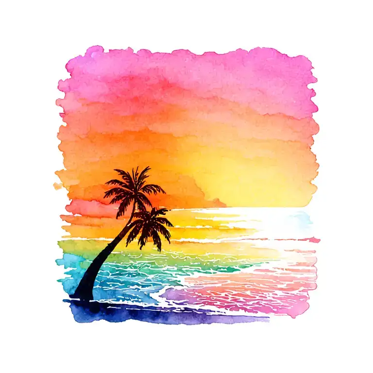 Tattoo With A Palm Tree On The Beach And A Rainbow