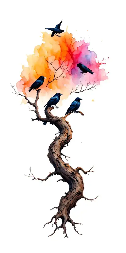 Gnarled Twisted Tree With Ravens Sitting In The Branches