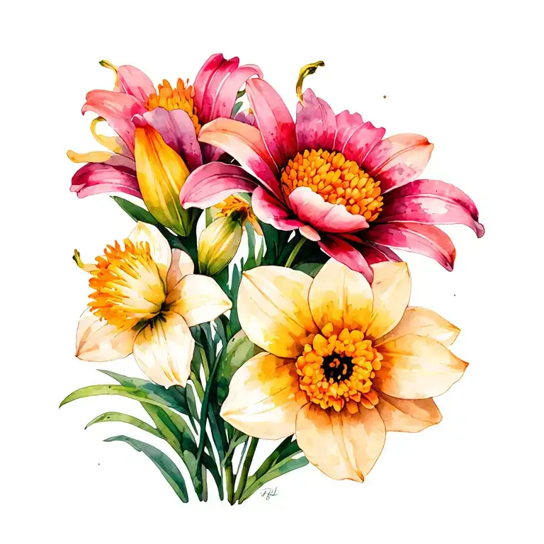 Crisanthemum Lily Marigold And Narcissus Boquet