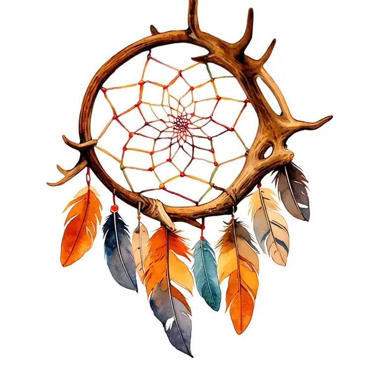 Dreamcatcher Made Out Of A Deer Antler With Feathers Hanging Down From It