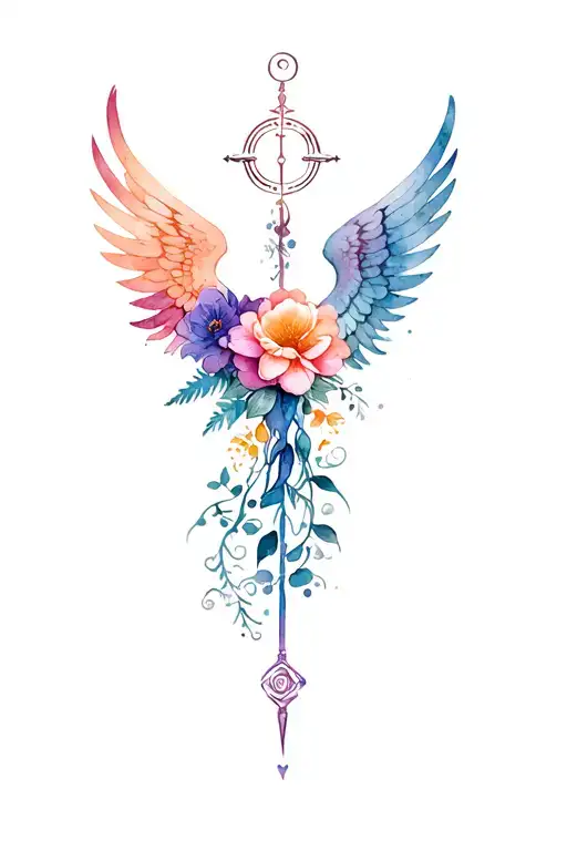 Aquarius Zodiac Symbol Incorporating Elements Of Angel Wings And Flowers