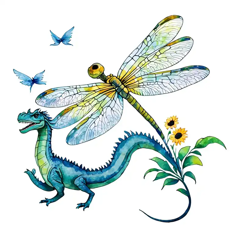 Dinosaur Sunflower Dragon Fly Away