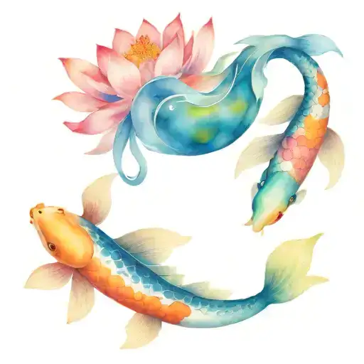 Brushstroke Lotus And Two Koi Fish