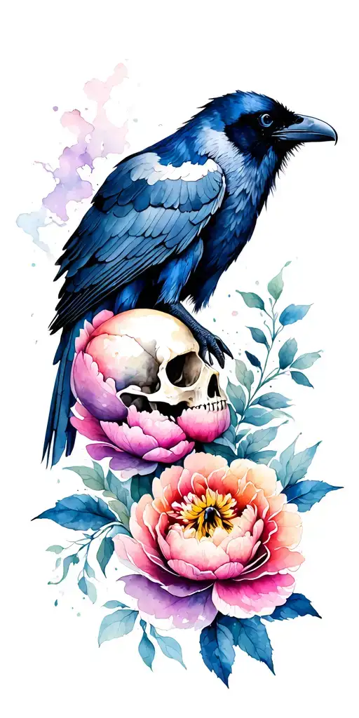 Skull Raven And Peony Flower Intertwined