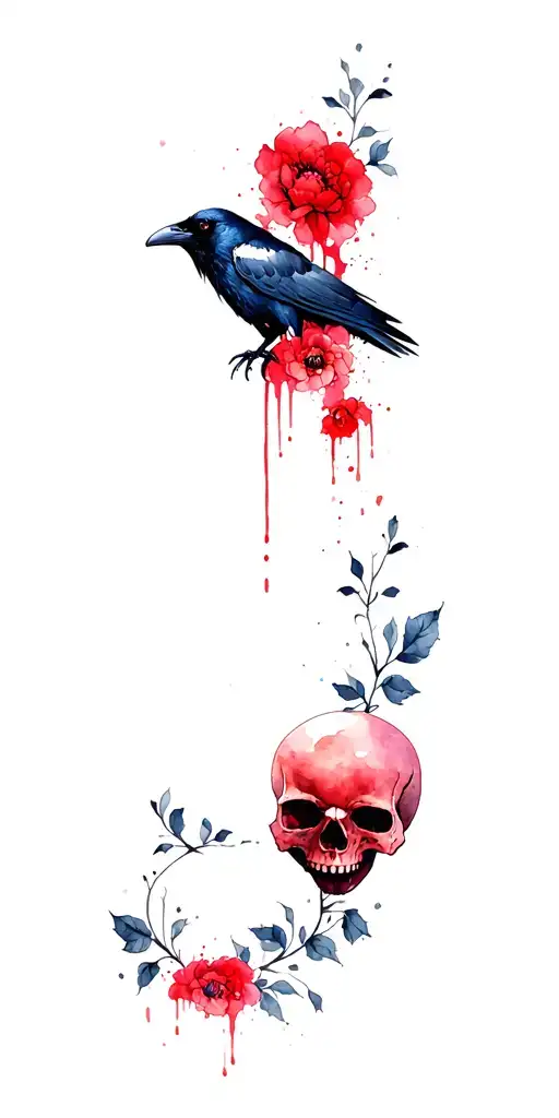 Evil Raven And Skull With Blood Red Peony Flower Intertwined