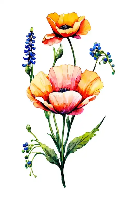 California Poppy With Texas Bluebonnet And Oregon Grape