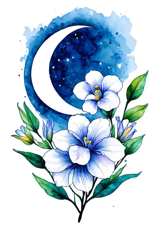 Freesia Flowers With A Thin Lined Heart And Waning Crescent Moon