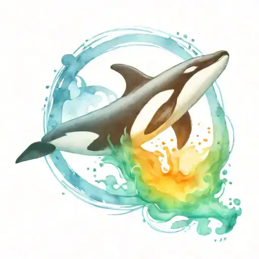 A Tribal Orca Breaches Through The Watersurface And Becomes A Watercolor Design Above