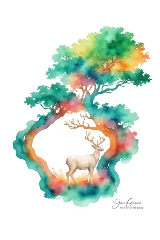 Tree Of Life With A White Deer Standing