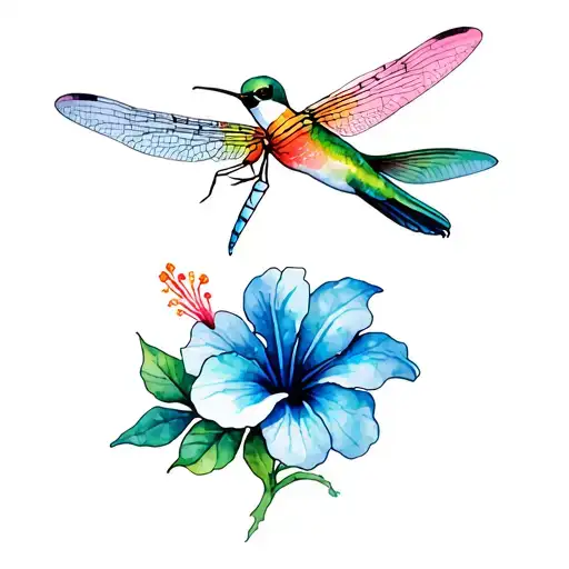 Dragonfly And Hummingbird And Hibiscus