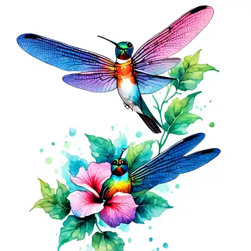 Dragonfly And Hummingbird And Hibiscus