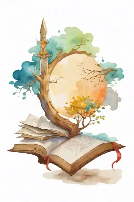 A Sword Is Stuck Into The Book Turning Into A Tree And The Moon