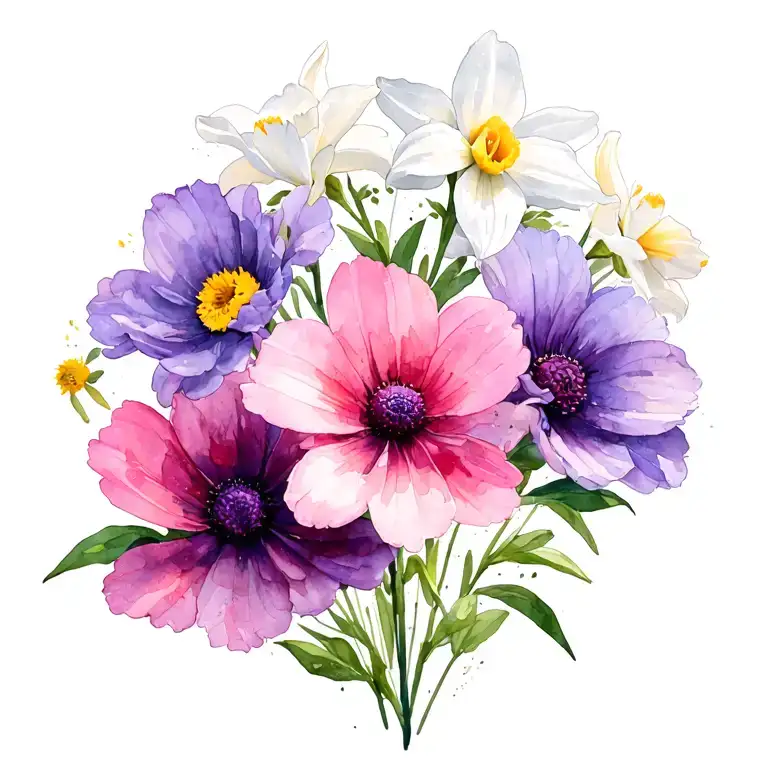Purple Carnation Pink Cosmos White Daffodil Flowers
