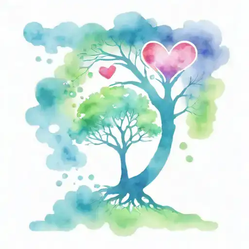 Tree Of Life With Watercolor Spots And 2 Hearts