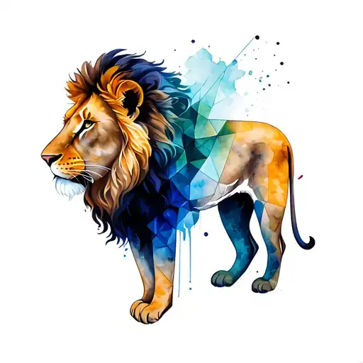 Lion Tattoo With Realistic Side And Geometric Side