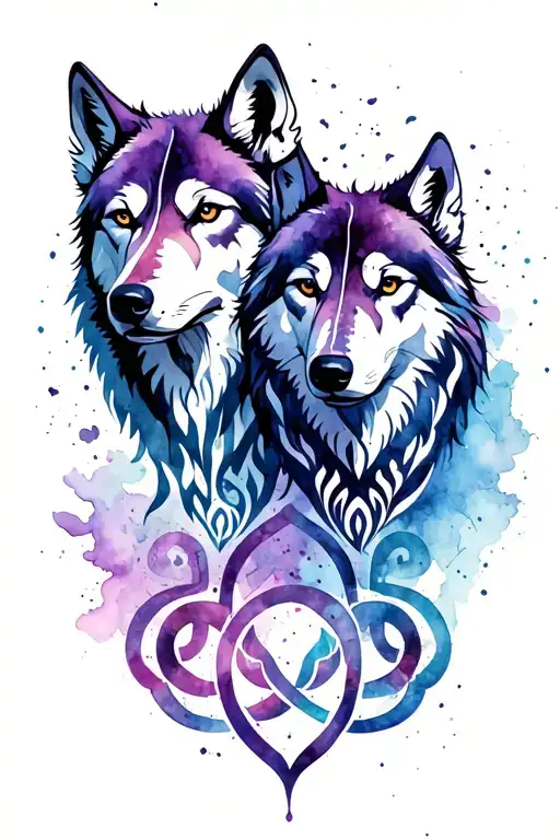 Two Tribal Wolves With Triskelion Design Incorporating Elements