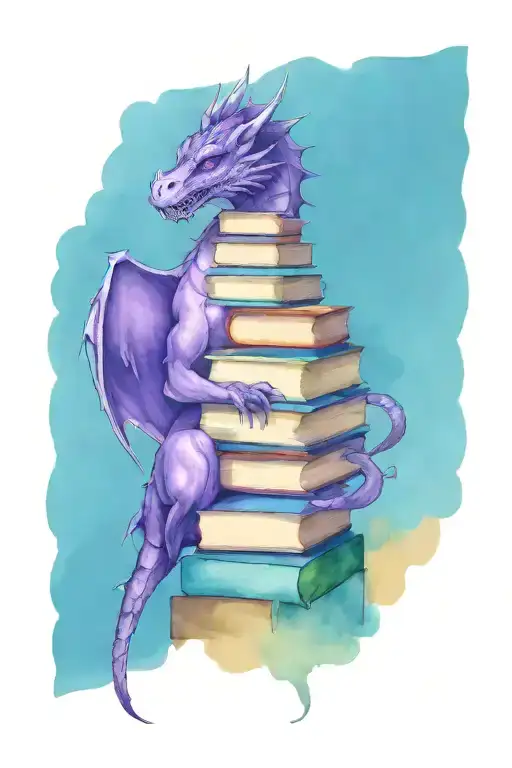 A Majestic Purple Dragon Perched Upon A Towering Stack Of Books