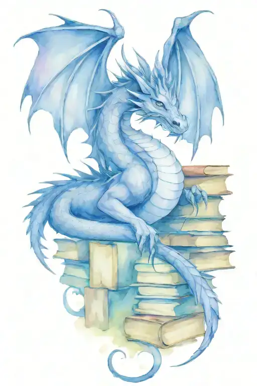 A Majestic Feminine Purple Dragon Perched Upon A Towering Stack Of Books
