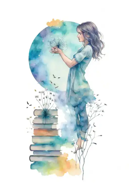 Girl Standing On A Stack Of Books Releasing A Dandelion
