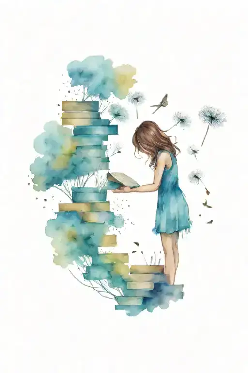 A Woman With Brown Hair Facing Away Standing On A Stack Of Books Releasing A Dandelion