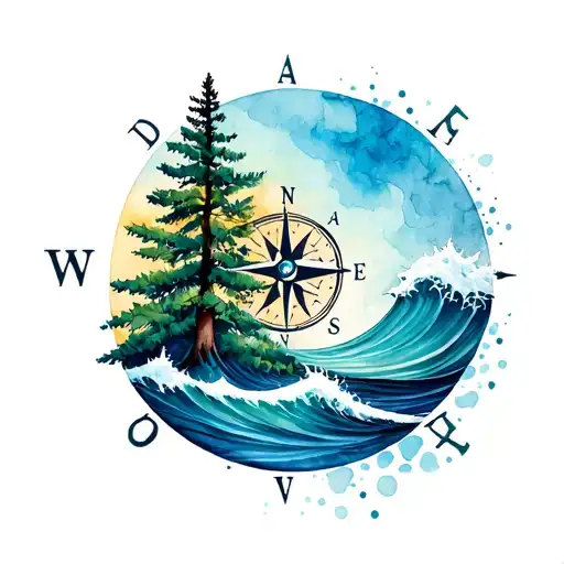 Compass And Pine Tree And Ocean Wave