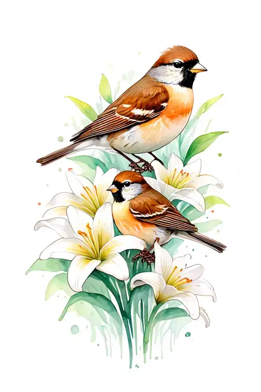 2 Sparrows And Field Of Lilies