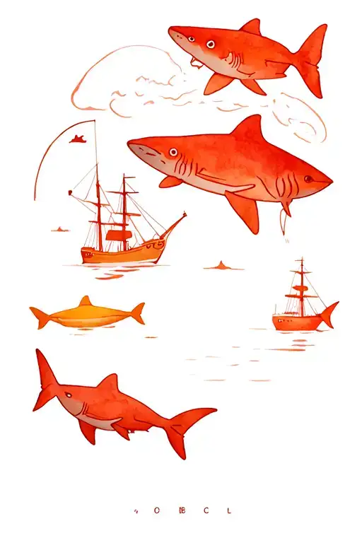 Cape Cod Outline With Ships Sharks Fishing