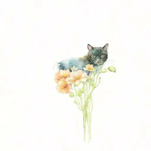 Poppies With Primroses And Black Cat