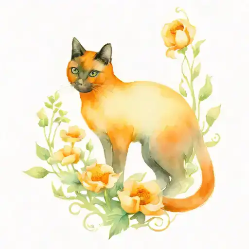 Orange Poppies And Primroses Surrounding A Black Cat