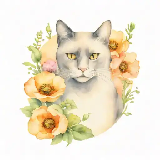 Poppies And Primroses Surrounding A Black Cat